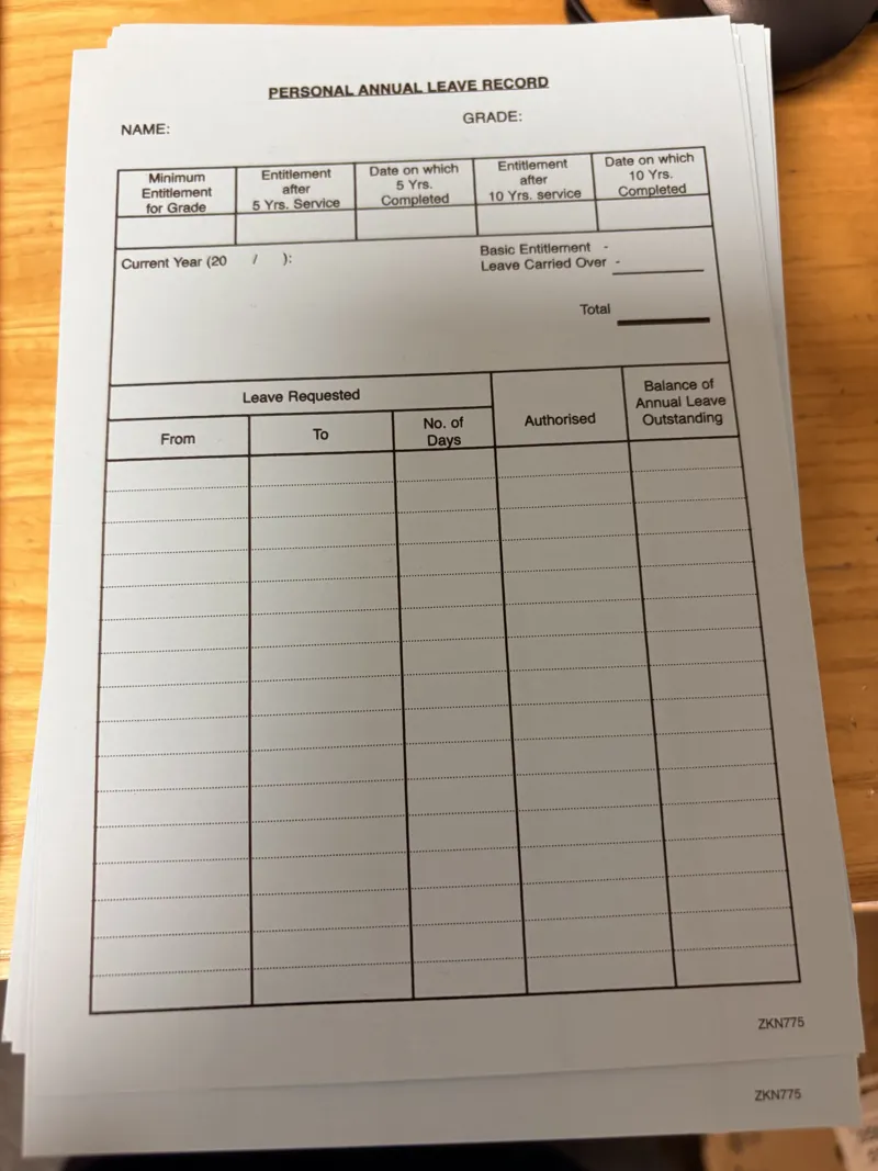 Blank blue annual leave cards