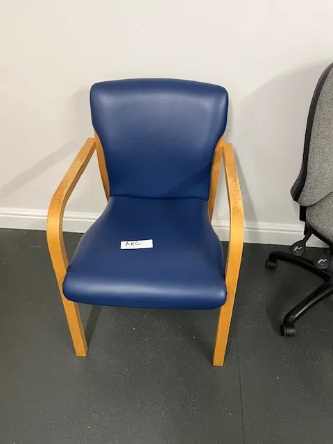 Blue Leather Reception Chair with Wooden Arms