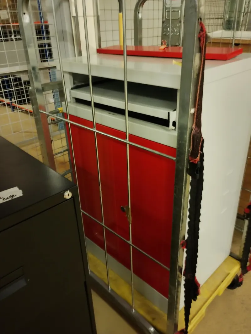 Red and Grey Metal storage unit.