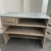 Wooden till/packing bench with drawer and steel top. Height: 90cm Depth: 60cm Width: 47cm - Location Trumpington Street