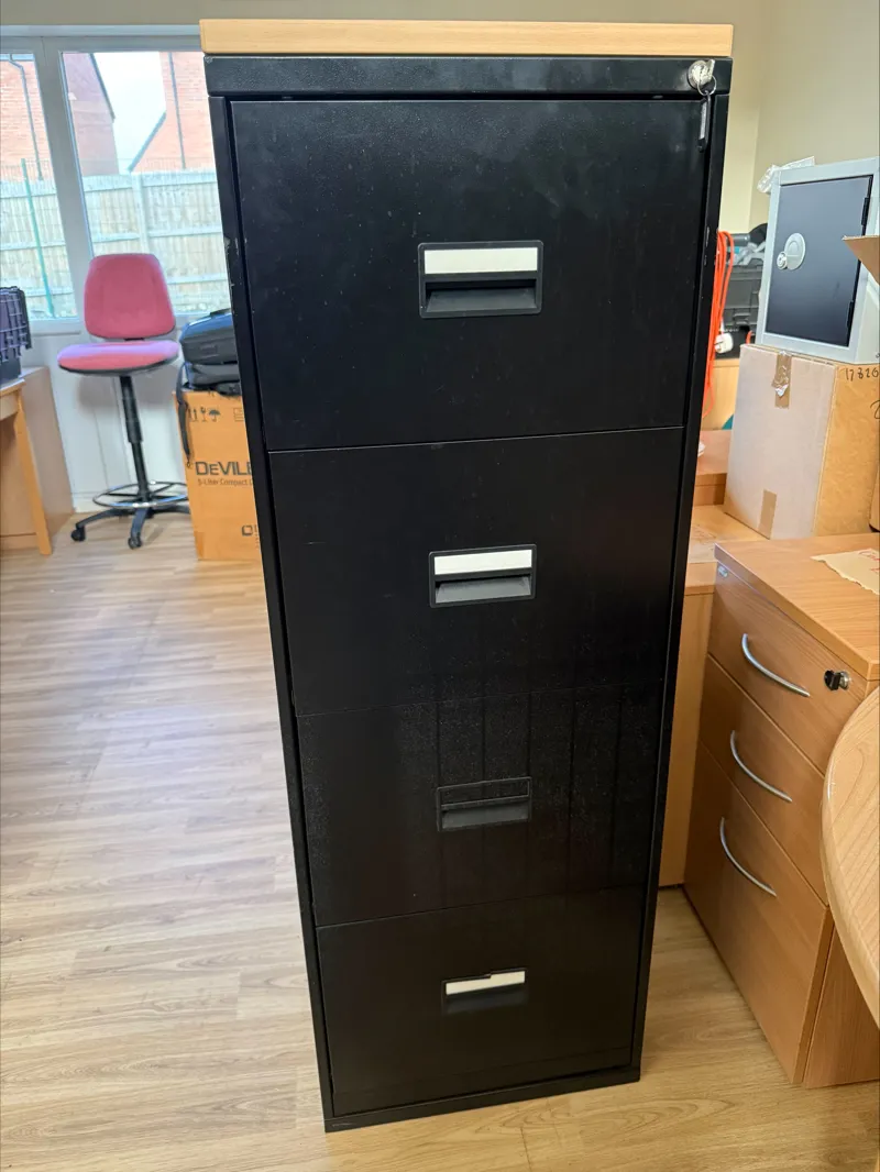 Black 4-Drawer Metal Filing Cabinet with Light Oak Top