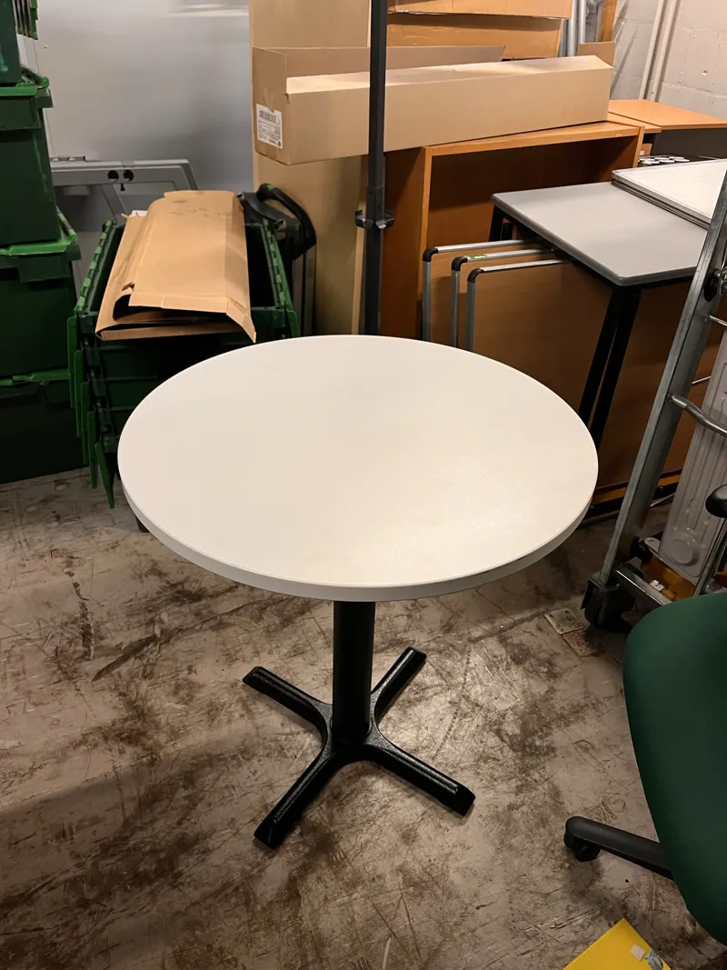 White Round Cafe Table with Black Pedestal Base