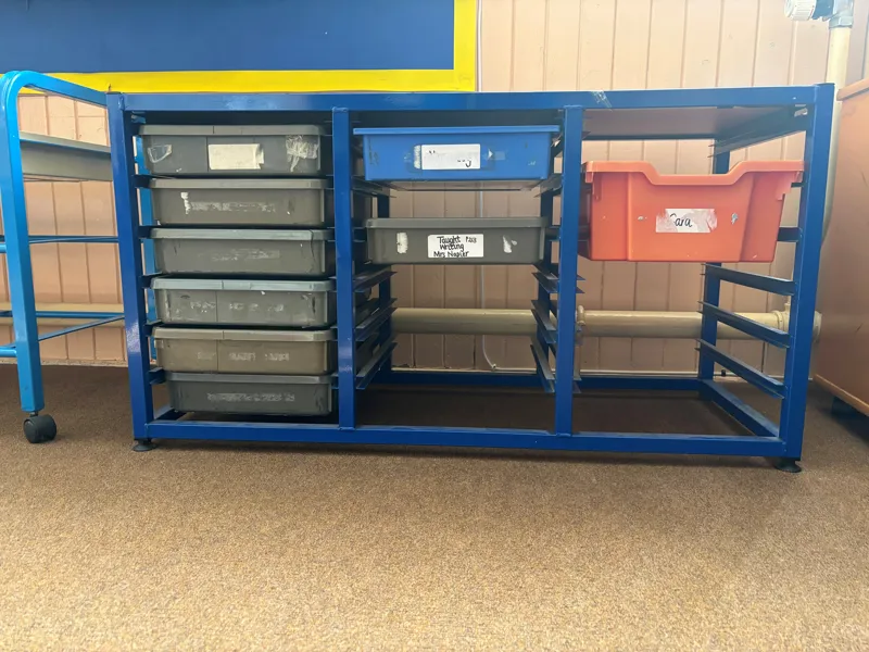 Blue Metal Storage Shelving Unit with Drawers and Bins