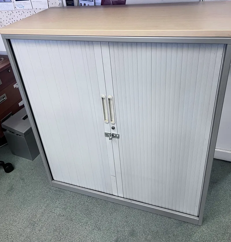 White Tambour Door Storage Cabinet with Natural Wood Top