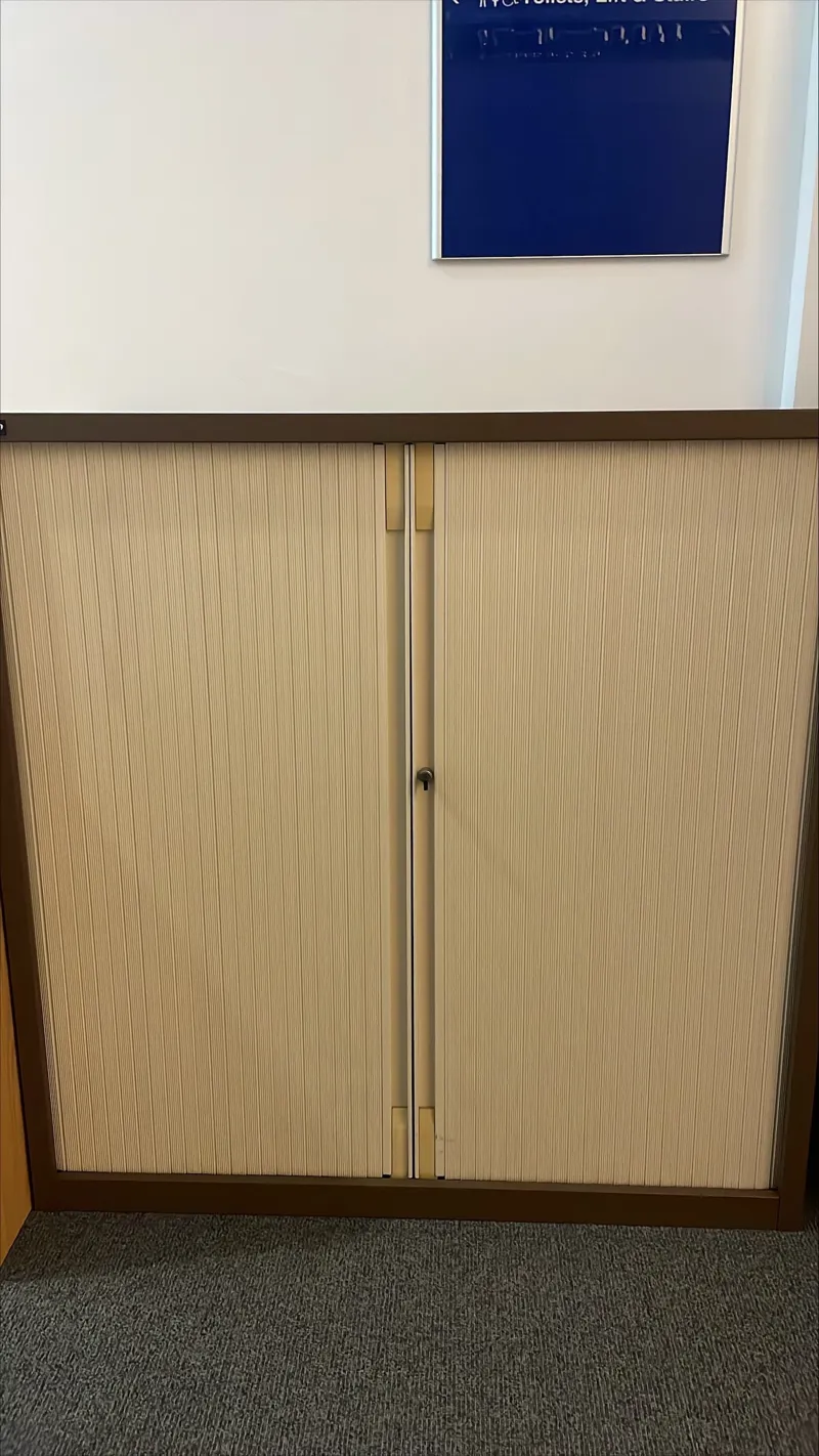 Tambour Door Storage Cabinet - Beige/Cream with Dark Frame With Key