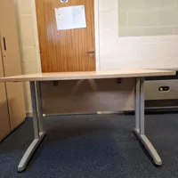 Light grey cantilever desk with light oak top
